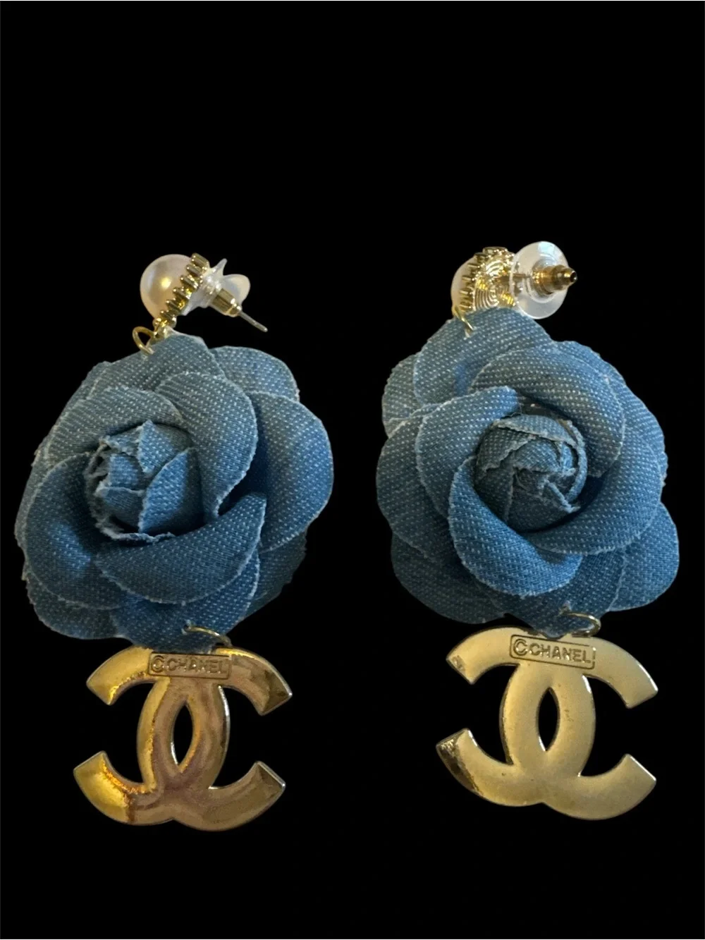 Denim Camellia Drop Earrings